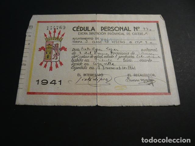 Collectionnisme: CEDULA PERSONAL DIPUTACION DE CACERES 1941 VALVERDE DEL FRESNO