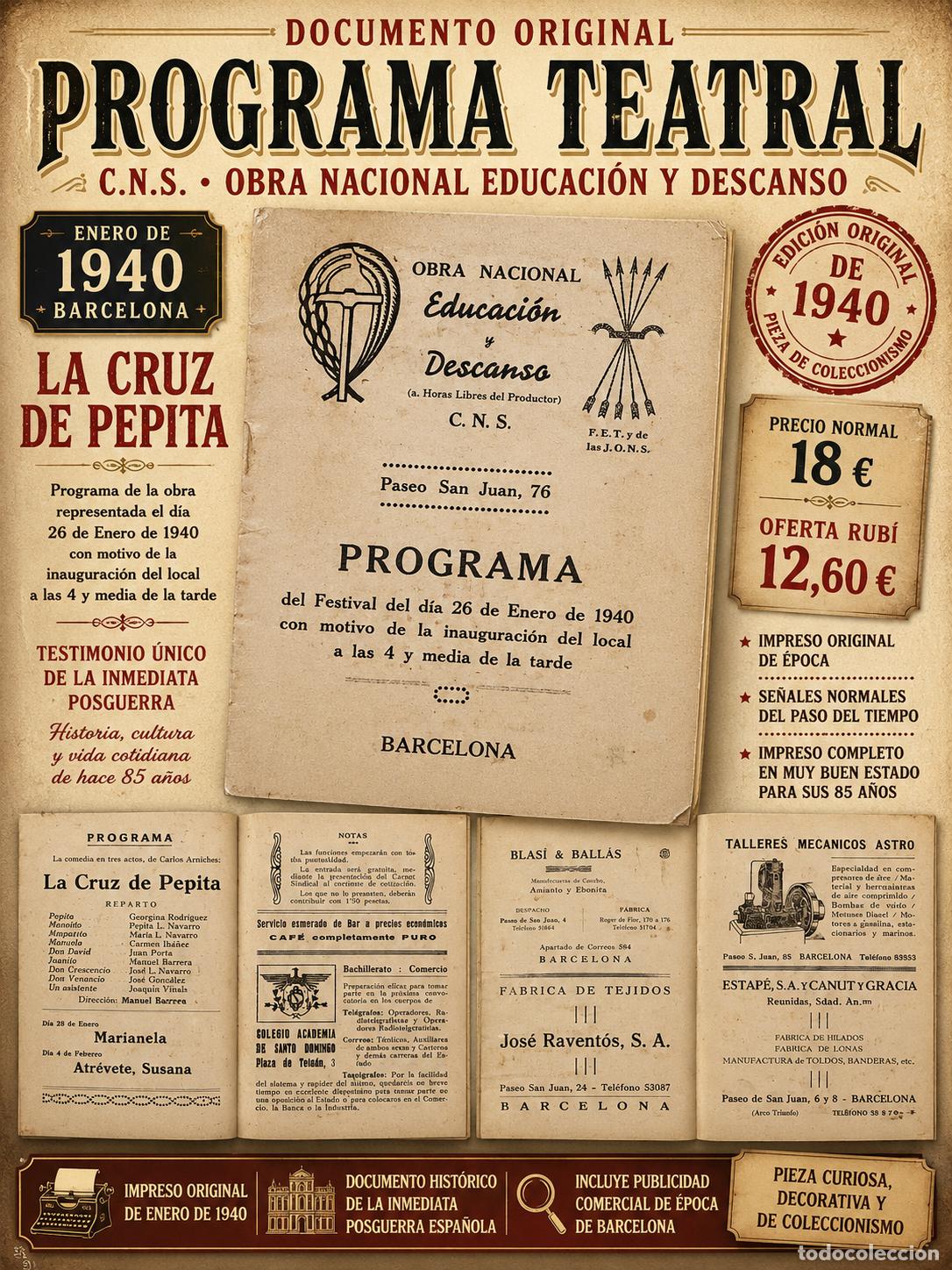 Coleccionismo: PROGRAMA TEATRAL &ldquo;LA CRUZ DE PEPITA&rdquo; / EDUCACI&Oacute;N Y DESCANSO / BARCELONA / ENERO 1940