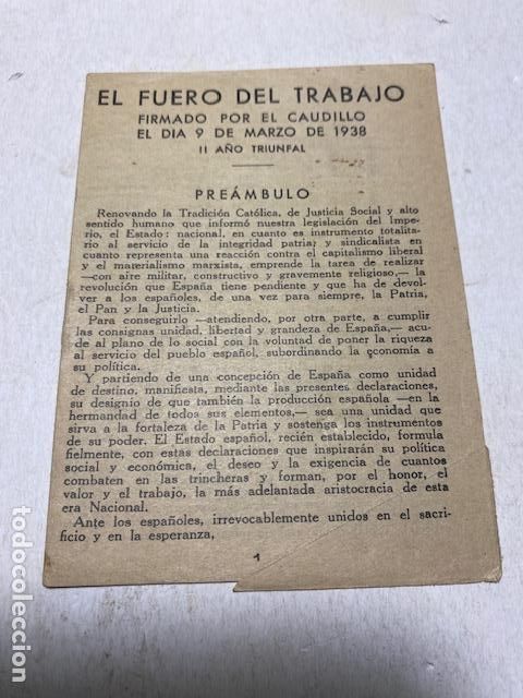 Coleccionismo: FUERO DEL TRABAJO. Firmado por el Caudillo el d&iacute;a 9 de marzo de 1938