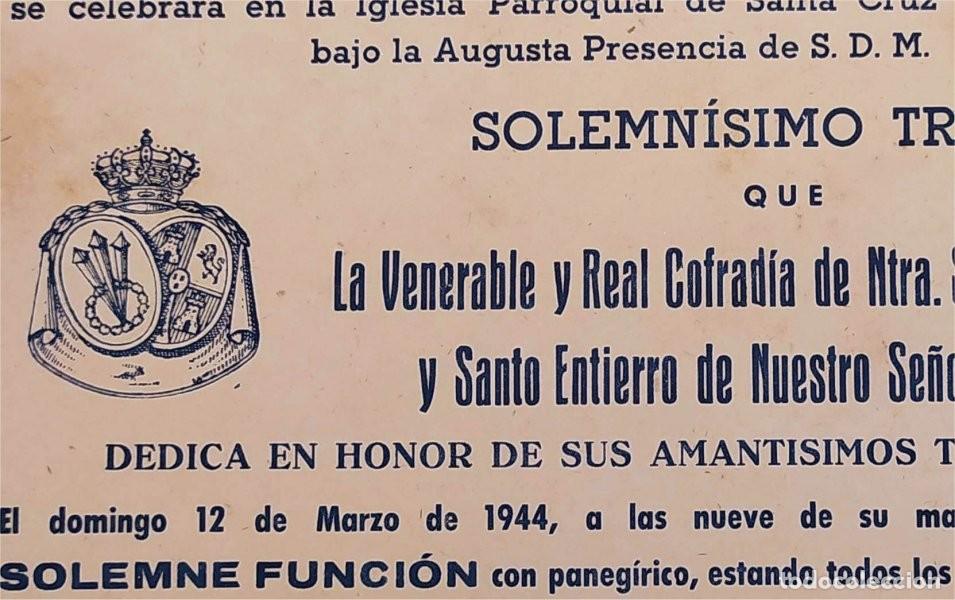 Collectionnisme: Convocatoria de cultos de la cofrad&iacute;a de la Soledad y Santo Entierro. A&ntilde;o 1944. Semana Santa C&aacute;diz