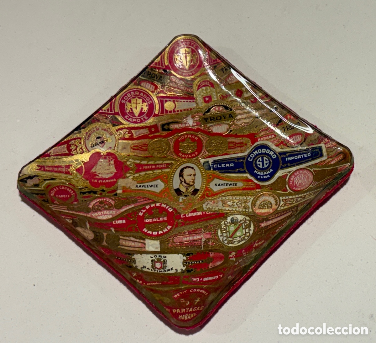 Coleccionismo: (L727) Cenicero de Cristal Vintage con Vitolas de Puros (Partag&aacute;s, Comodoro, Troya) - 12x12 cm
