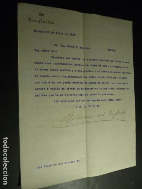 Coleccionismo: MURCIA 1907 CARTA DE JUAN VIUDES MARQU&Eacute;S DE RIO-FLORIDO A COMERCIANTE DE MADRID