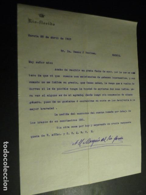 Coleccionismo: MURCIA 1907 CARTA DE JUAN VIUDES MARQU&Eacute;S DE RIO-FLORIDO A COMERCIANTE DE MADRID