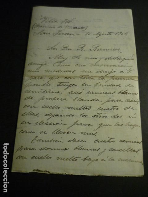 Collectionnisme: SAN JUAN ALICANTE 1906 CARTA DE JUAN VIUDES MARQU&Eacute;S DE RIO-FLORIDO A COMERCIANTE DE MADRID