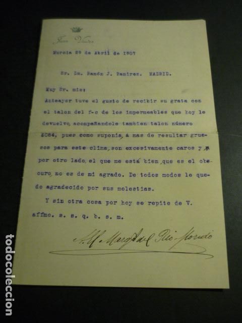 Coleccionismo: MURCIA 1907 CARTA DE JUAN VIUDES MARQU&Eacute;S DE RIO-FLORIDO A COMERCIANTE DE MADRID
