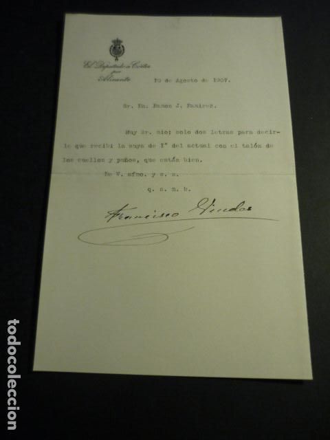 Coleccionismo: ALICANTE 1907 CARTA DE FRANCISCO VIUDES DIPUTADO A CORTES POR ALICANTE A COMERCIANTE DE MADRID