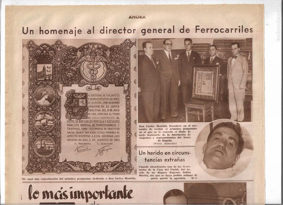 Coleccionismo: A&Ntilde;O 1933 RECORTE PRENSA HOMENAJE PERGAMINO CARLOS MONTILLA ESCUDERO DIRECTOR GENERAL FERROCARRILES