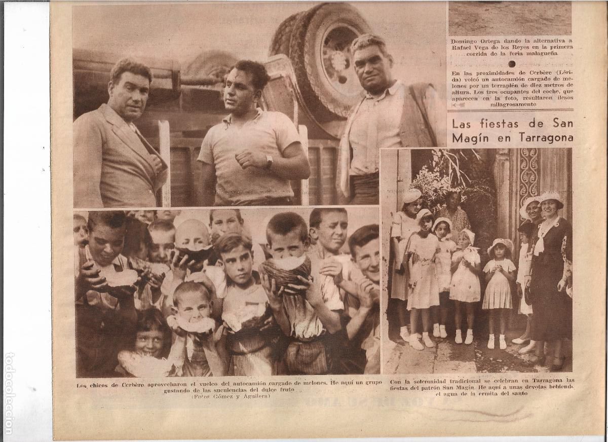 Coleccionismo: A&Ntilde;O 1933 RECORTE PRENSA CERVERA LLEIDA ACCIDENTE CAMION CARGADO MELONES NI&Ntilde;OS COMIENDO MELON