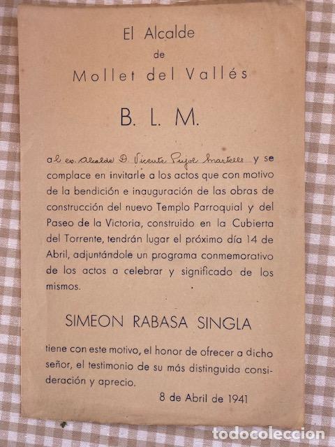 Coleccionismo: Mollet del Vall&eacute;s. 1941. Invitaci&oacute;n del alcalde a inaguraci&oacute;n del Templo Parroquial.