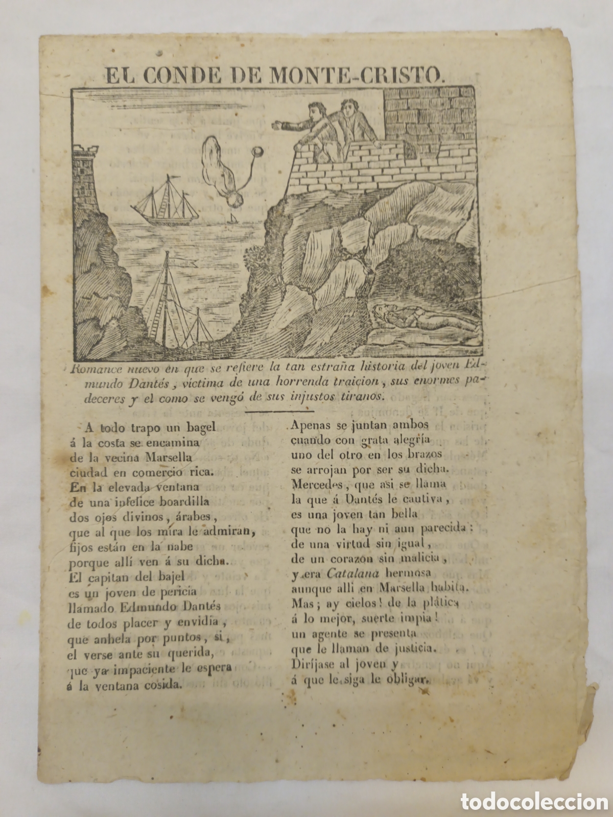Collectionnisme: PLIEGO DE CORDEL - ROMANCE - EL CONDE DE MONTECRISTO - A&Ntilde;O 1848 - 16 X 22 CM