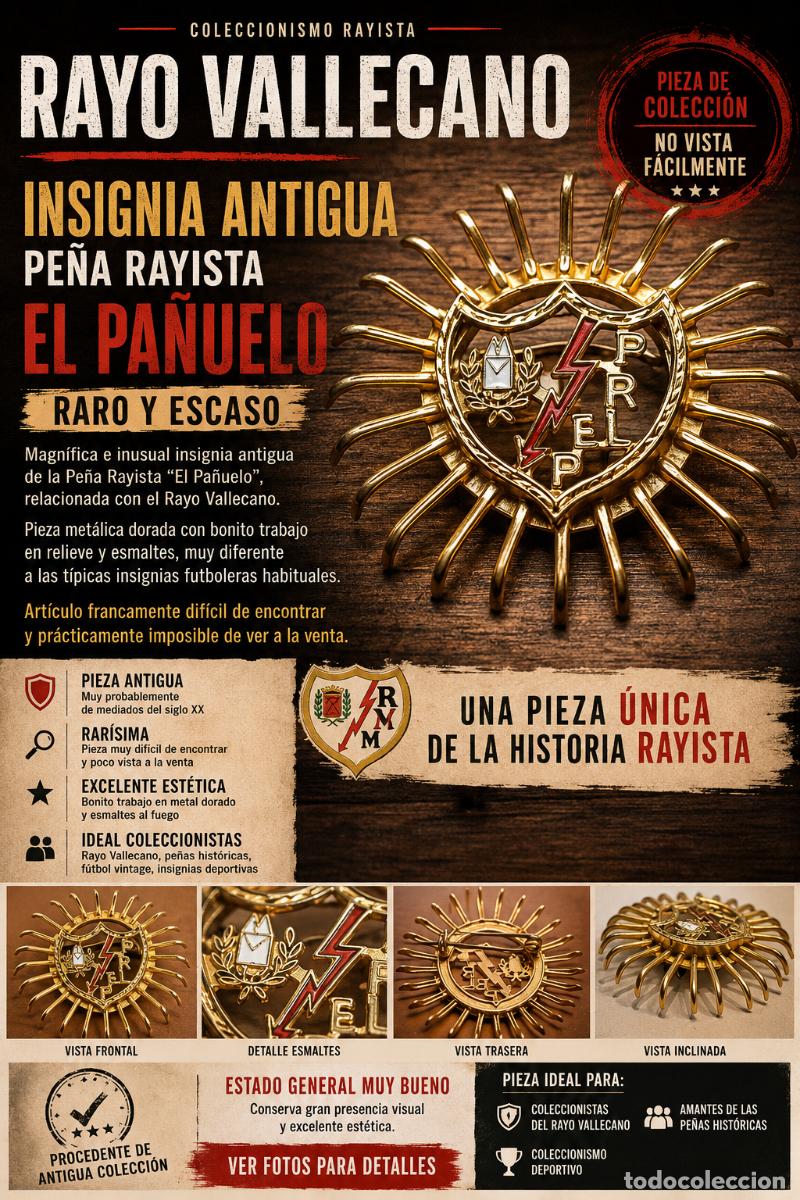 Coleccionismo: RAYO VALLECANO | INSIGNIA ANTIGUA PE&Ntilde;A RAYISTA EL PA&Ntilde;UELO | MUY RARA