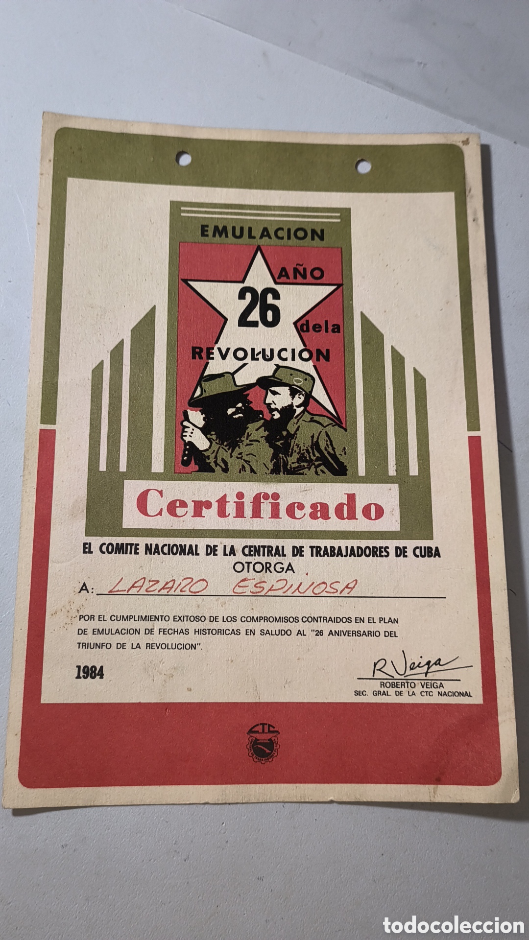 Coleccionismo: Cuba, certificado emulaci&oacute;n 26 aniversario de la revoluci&oacute;n,a&ntilde;o 1984