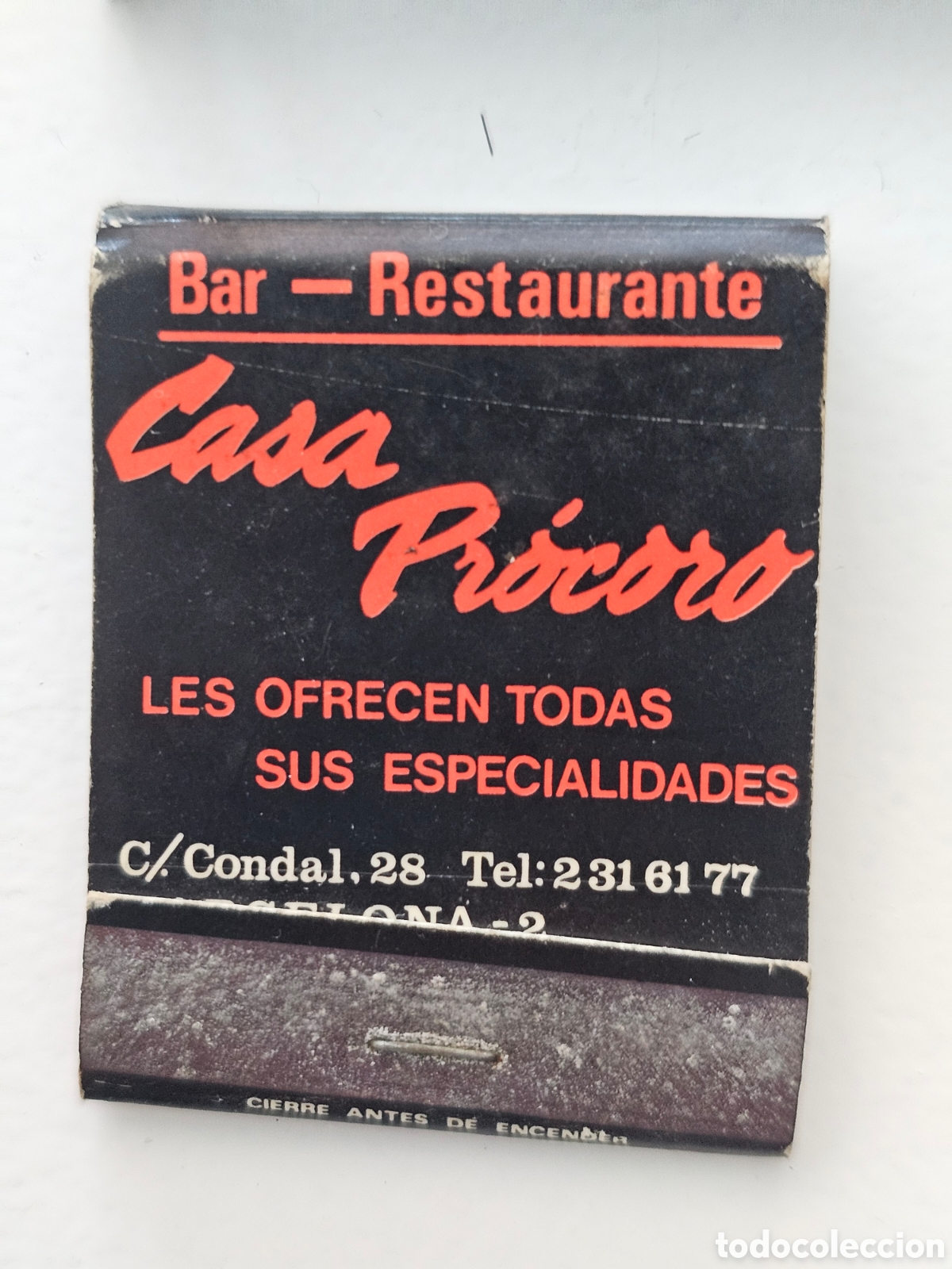 Coleccionismo: Caja de cerillas del Bar Restaurant de Casa Pr&oacute;coro Calle condal 28 Barcelona 1970s 1980s