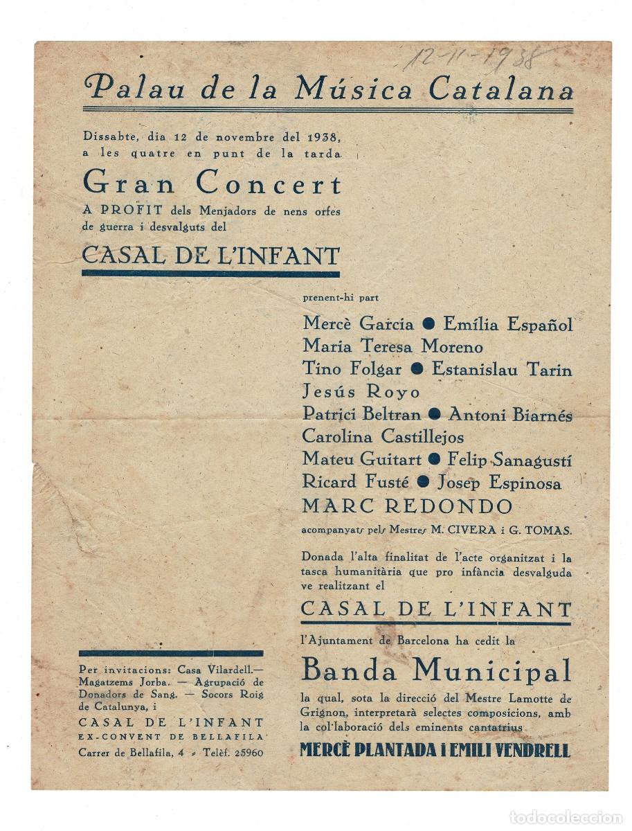 Coleccionismo: PROGRAMA DE UN GRAN CONCERT BEN&Eacute;FICO CELEBRADO 12 NOVIEMBRE 1938 EN EL PALAU DE LA M&Uacute;SICA CATALANA