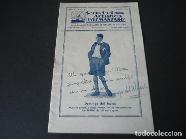 Collectionnisme: SOCIEDAD ARTISTICA LUIS MAZANO MADRID ENERO 1936 ACTOR COMICO DOMINGO DEL MORAL FIRMA AUTOGRAFO