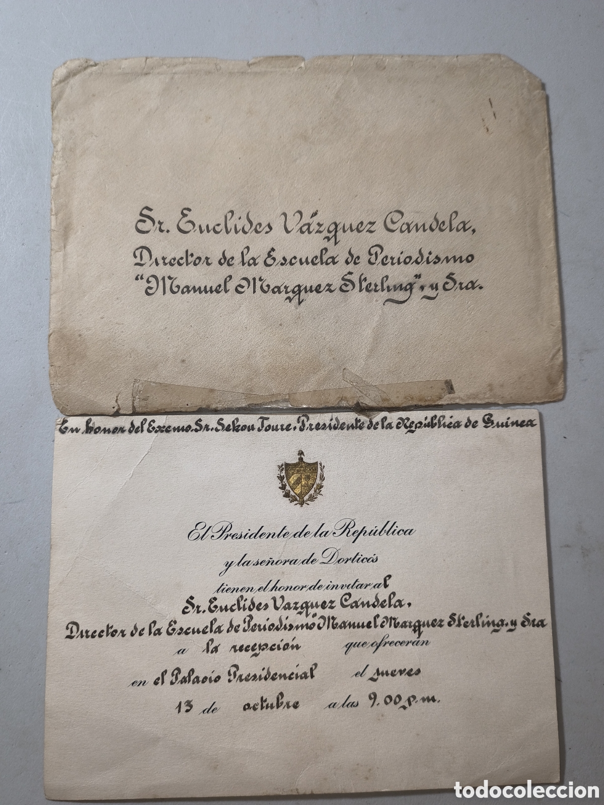 Coleccionismo: Cuba, invitaci&oacute;n enviada por el presidente Osvaldo Dorticos,a&ntilde;o 1959