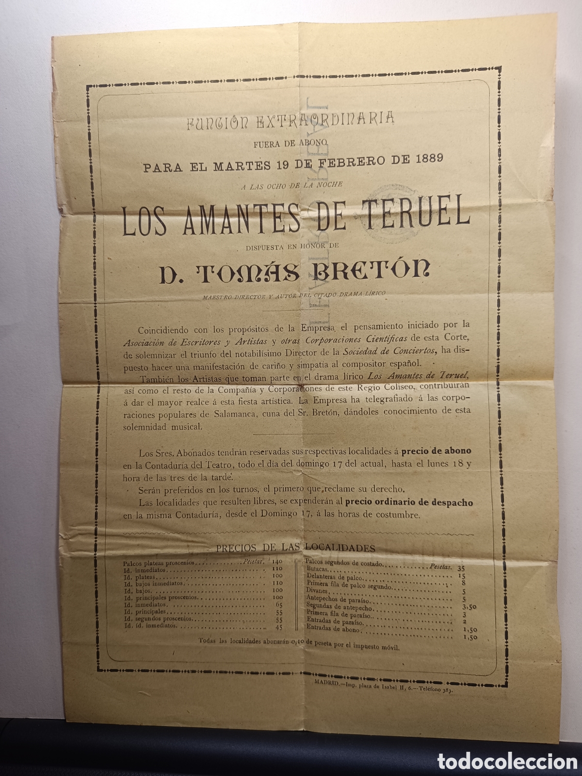 Coleccionismo: PROGRAMA LOS AMANTES DE TERUEL TEATRO REAL MADRID 1889 HOMENAJE A TOMAS BRET&Oacute;N.