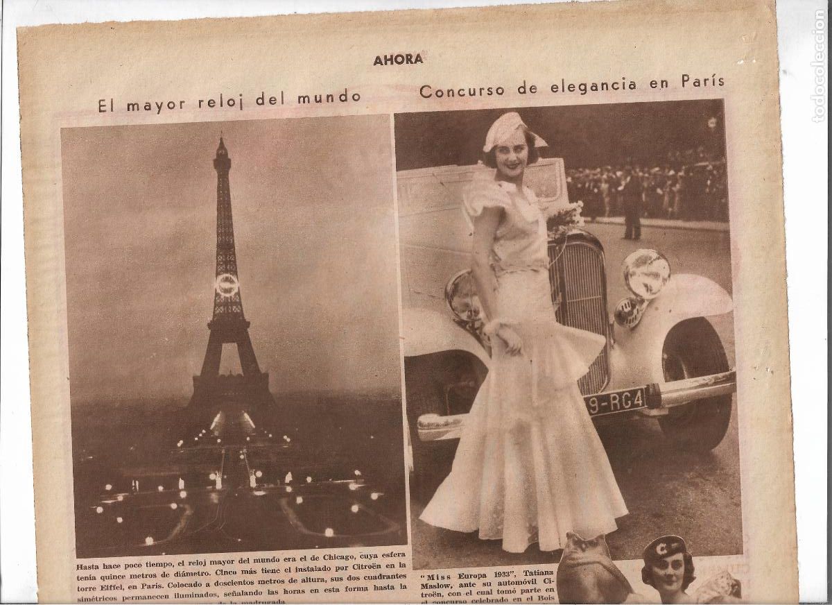 Collezionismo: A&Ntilde;O 1933 RECORTE PRENSA PARIS RELOJ MAS GRANDE DEL MUNDO INSTALADO POR CITROEN EN LA TORRE EIFFEL