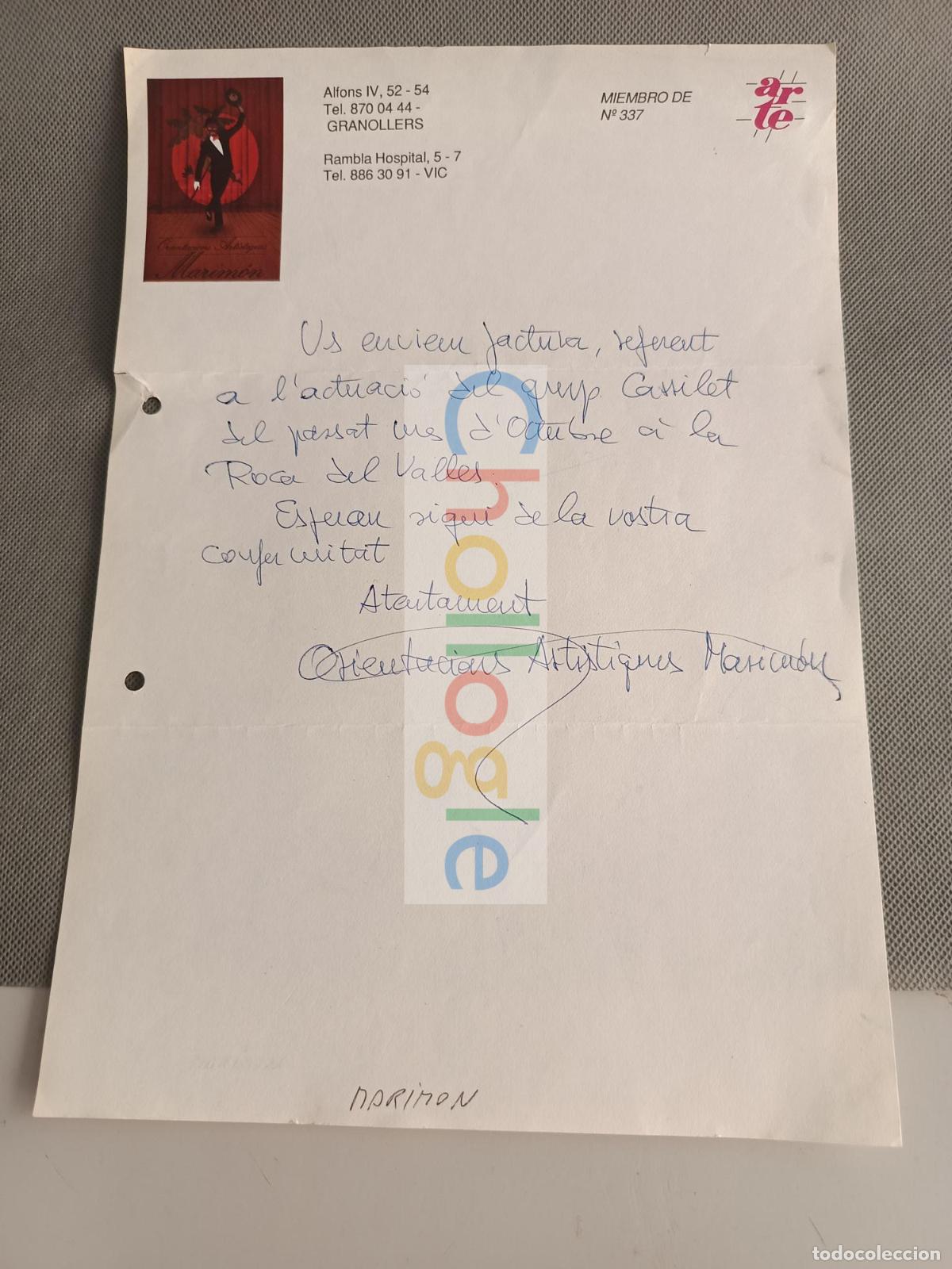 Coleccionismo: Carta Orientacions Artistiques Marimon a&ntilde;os 80 90