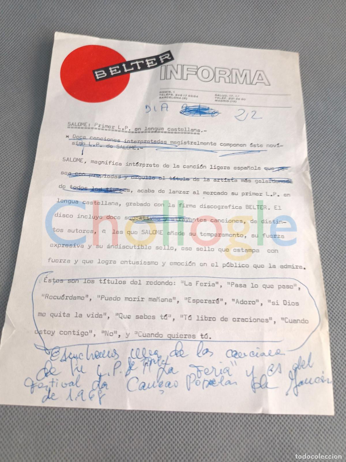 Coleccionismo: BELTER INFIORMA DISCOGRAFICA HOJA CON MODIFICACIONES PARA PRENSA