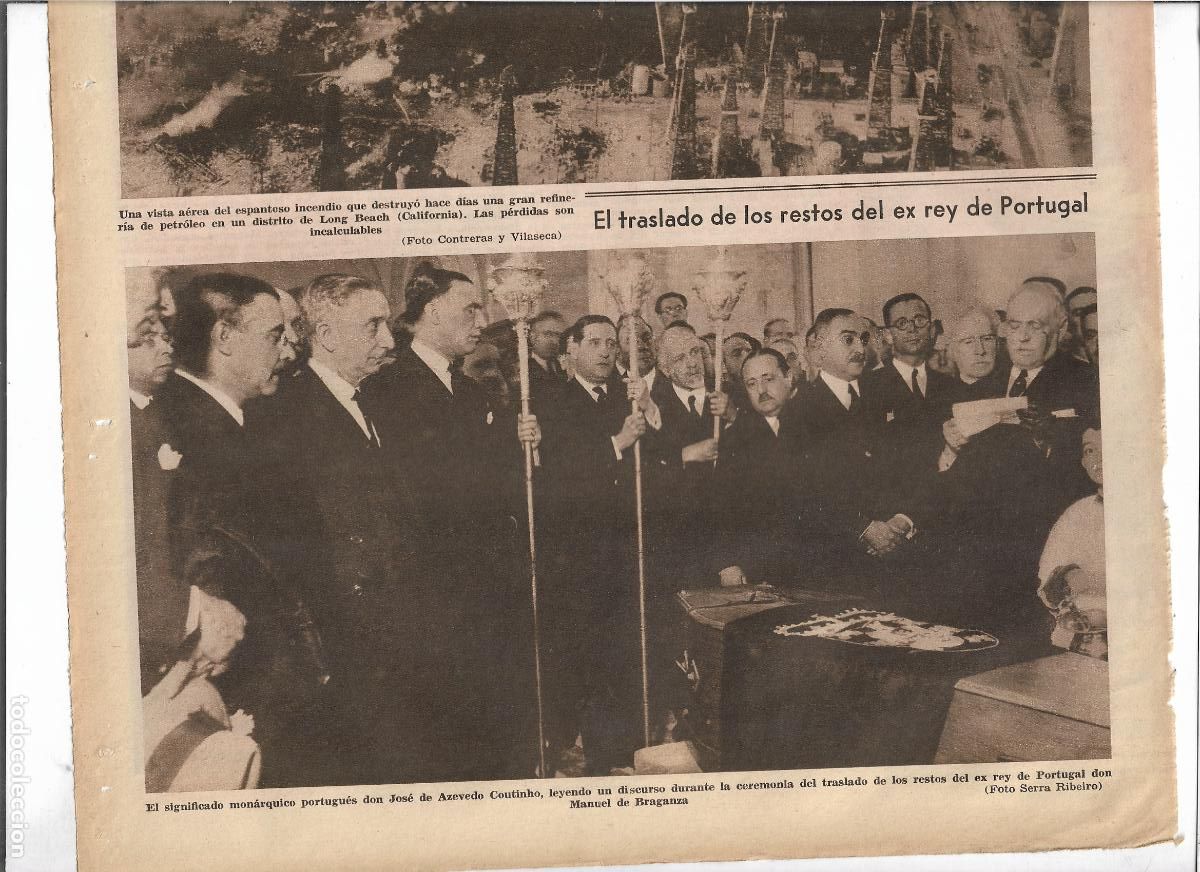 Coleccionismo: A&Ntilde;O 1933 RECORTE PRENSA TRASLADO DE LOS RESTOS MORTALES DEL EX REY DE PORTUGAL