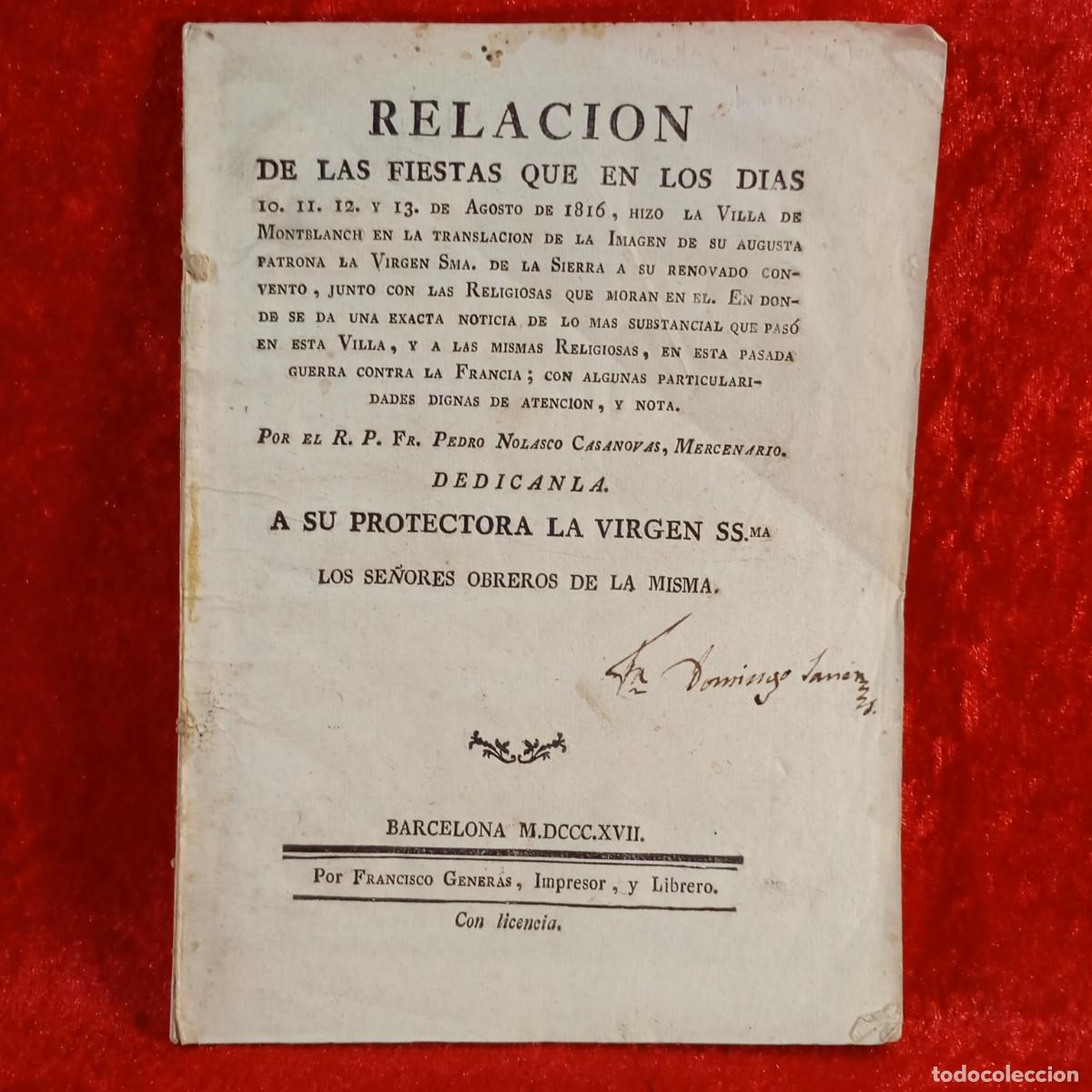Coleccionismo: RELACION DE LAS FIESTAS - VILLA DE MONTBLANCH - AGOSTO 1816 - PROGRAMA / 5250