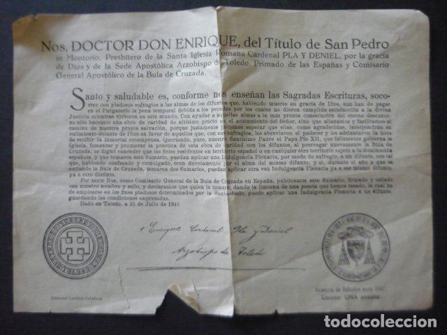 Coleccionismo: CARDENAL PLA Y DANIEL ARZOBISPO DE TOLEDO CONCESION DE BULA INDULGENCIA PLENARIA DIFUNTO 1946