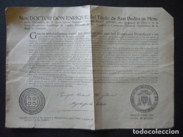 Coleccionismo: CARDENAL PLA Y DANIEL ARZOBISPO DE TOLEDO CONCESION DE BULA INDULTO LEY AYUNO 1947