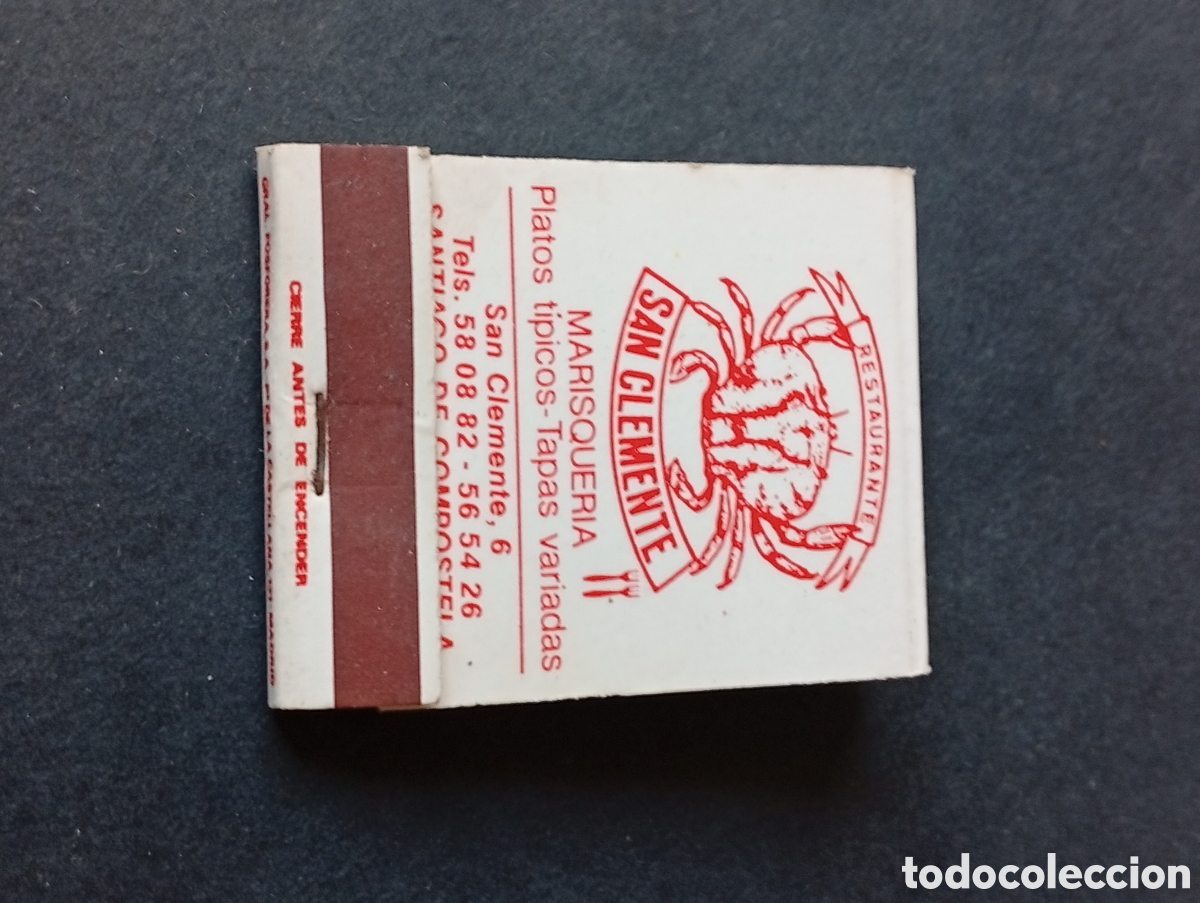 Colecionismo: Caja de Cerillas restaurante San Clemente, marisquer&iacute;a, Santiago de Compostela