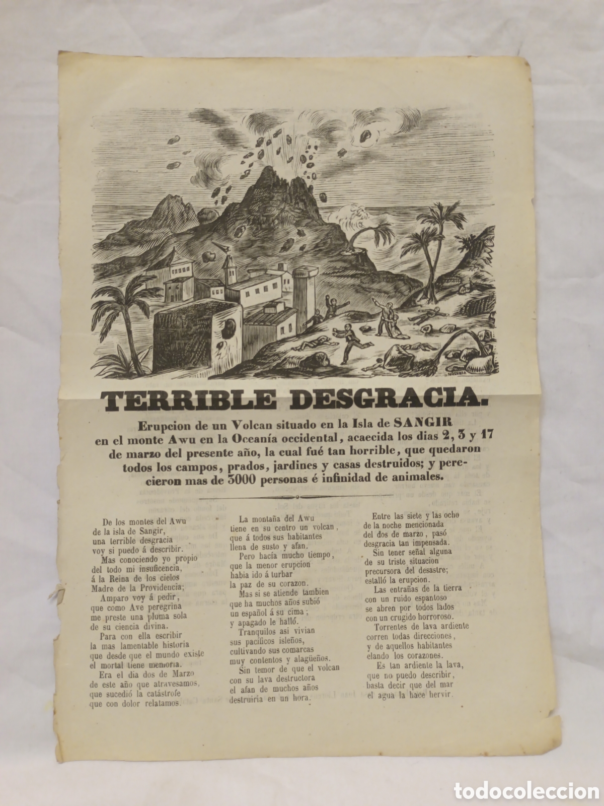 Collezionismo: PLIEGO DE CORDEL - ROMANCE - TERRIBLE DESGRACIA - OCEAN&Iacute;A - ISLA DE SANGIR - A&Ntilde;O 1856 - 22 X 31 CM