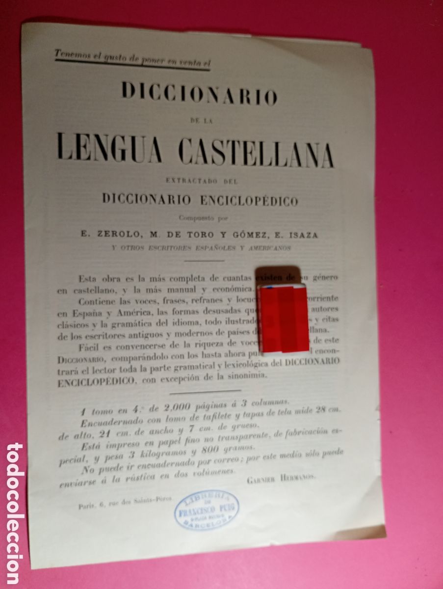 Colecionismo: DICCIONARIO DE LA LENGUA CASTELLANA DE GARNIER HERMANOS, PAR&Iacute;S EXTRACTADO DEL ENCICLOP&Eacute;DICO