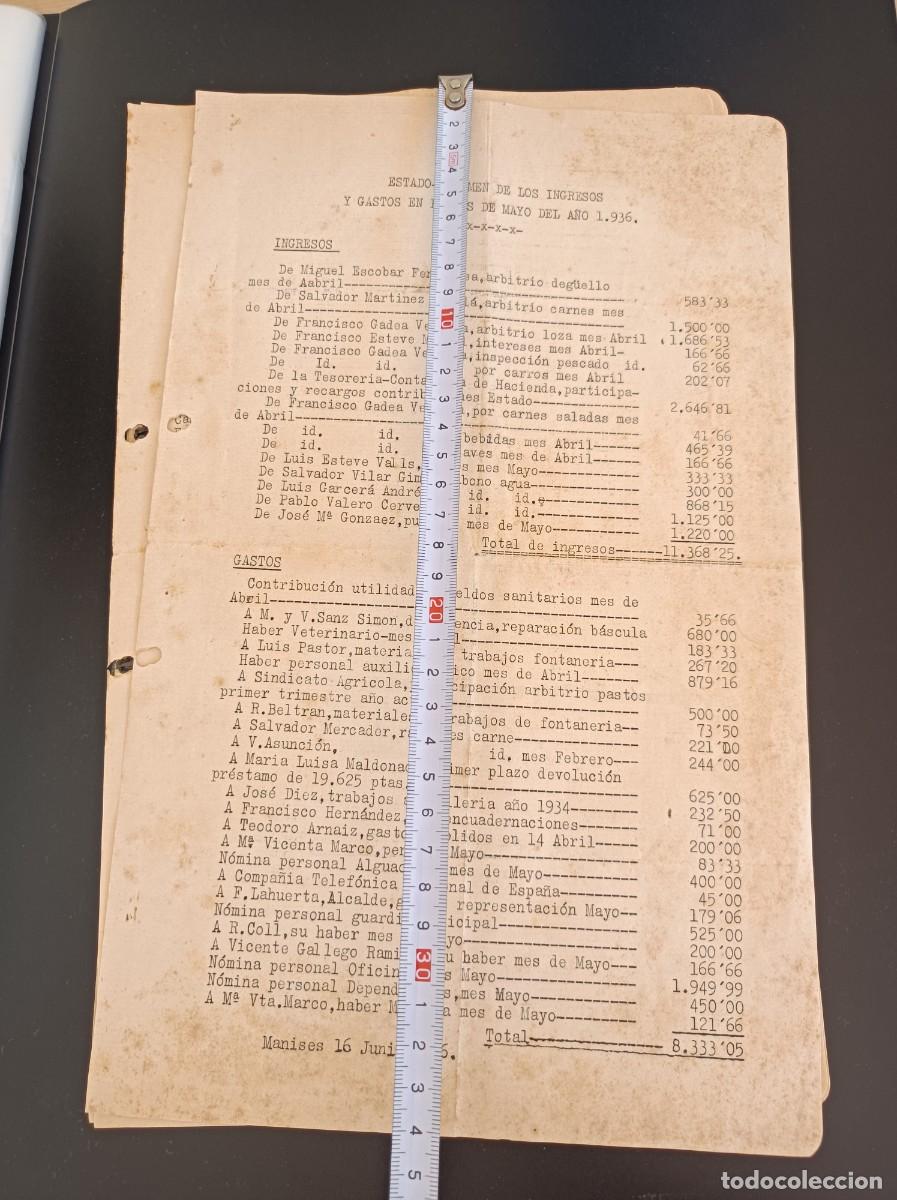 Coleccionismo: ESTADO RESUMEN DE LOS INGRESOS Y GASTOS EN EL MES DE MAYO DE 1936 MANISES