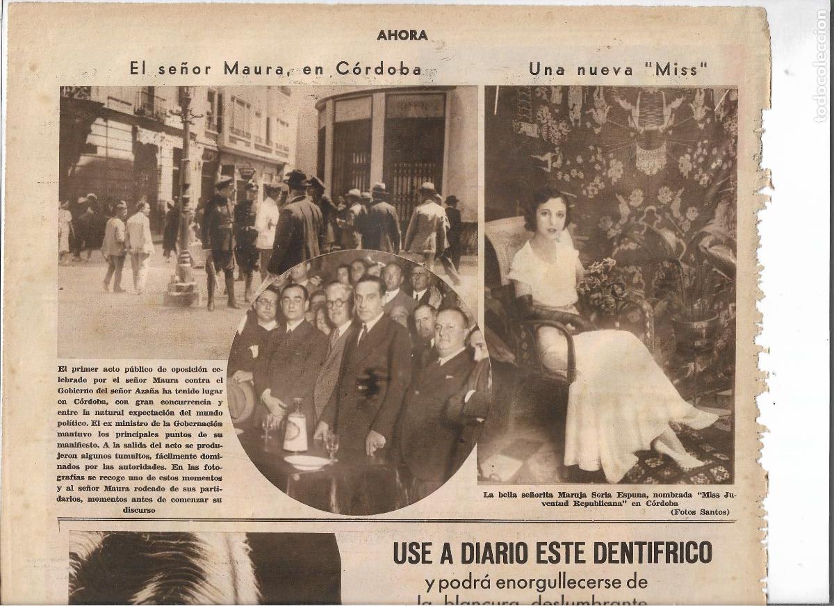 Coleccionismo: A&Ntilde;O 1933 RECORTE PRENSA CORDOBA VISITA MAURA MARUJA SORIA ESPUNA MISS JUVENTUD REPUBLICANA