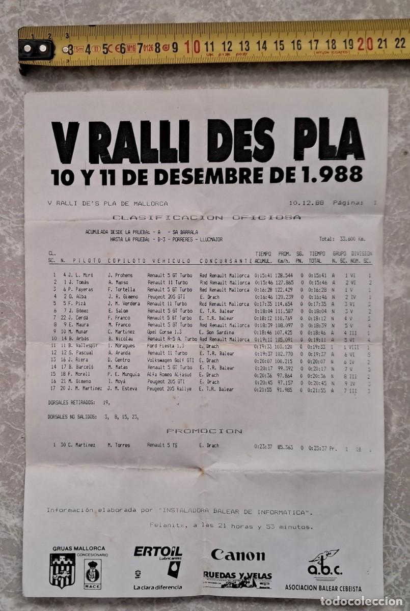 Coleccionismo: folleto de rally, carreras coches, V ralli d'es pla, Mallorca, a&ntilde;o 1988, clasificaci&oacute;n.