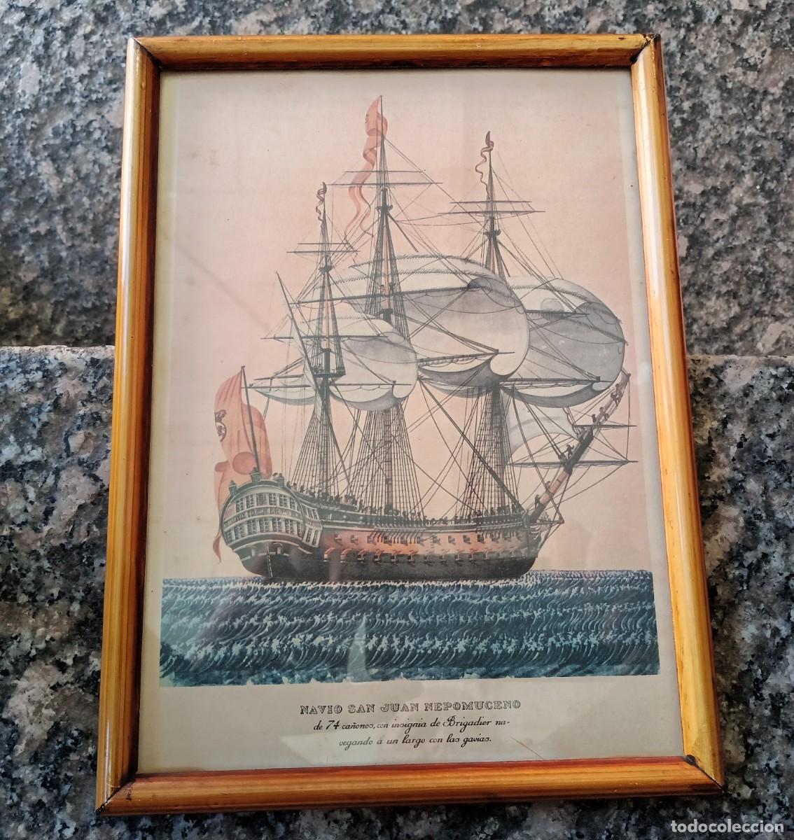 Sammeln: Antigua l&aacute;mina enmarcada en cuadro. Nav&iacute;o, barco San Juan Nepomuceno. Trafalgar