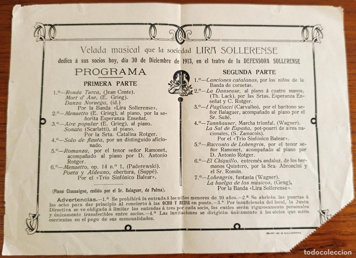 Coleccionismo: PROGRAMA VELADA MUSICAL DE LA SOCIEDAD LIRA SOLLERENSE. S&Oacute;LLER, MALLORCA, 1913.