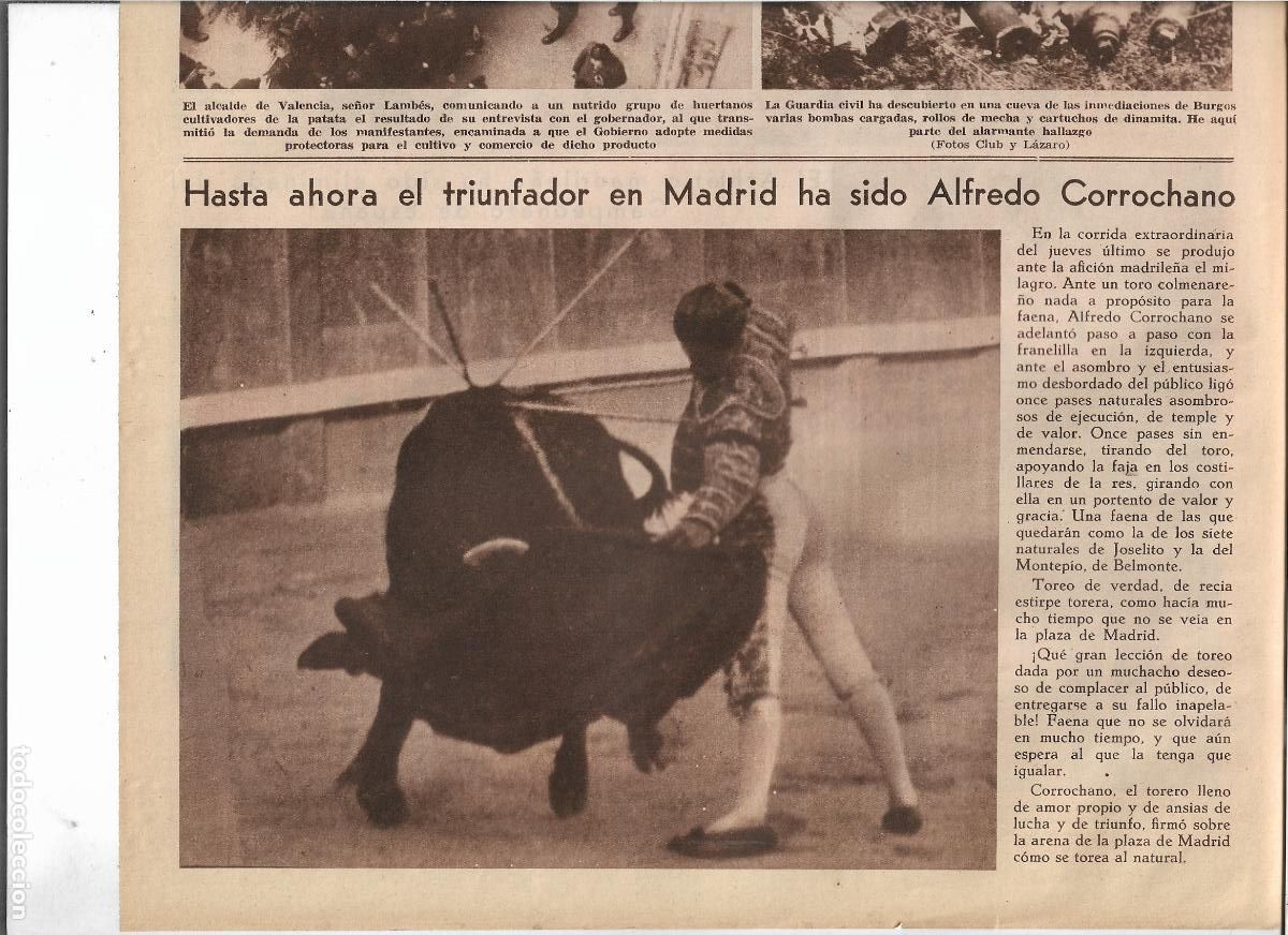 Collectionnisme: A&Ntilde;O 1933 RECORTE PRENSA TORERO ALFREDO CORROCHANO TRIUNFADOR EN MADRID TOREO TAUROMAQUIA