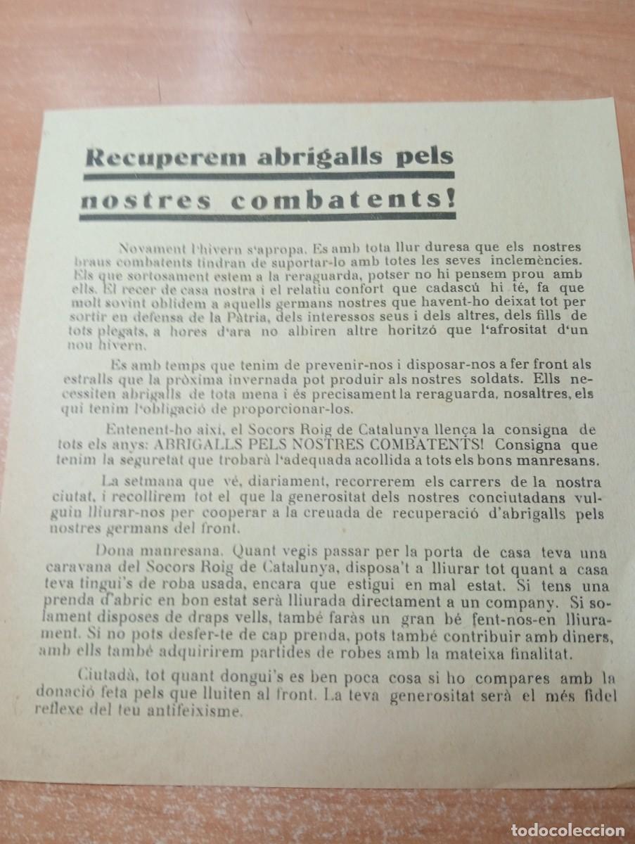 Coleccionismo: FLYER GUERRA CIVIL ESPANYOLA SOCORS ROIG DE CATALUNYA RECOLLIDA DE ROBA ABRIGALLS PELS SOLDATS
