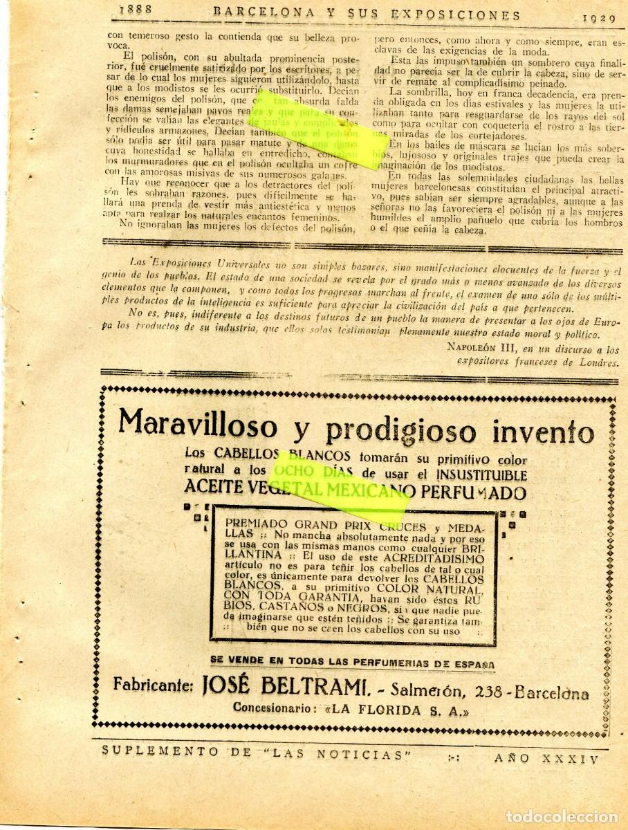 Colecionismo: RECORTE DE PRENSA A&Ntilde;O 1929 EXPOSICION INVENTO JOE BELTRAMI ACEITE VEGETAL PARA TE&Ntilde;IR EL CABELLO