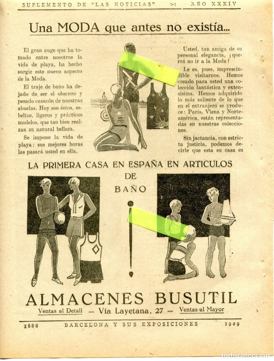 Coleccionismo: RECORTE DE PRENSA A&Ntilde;O 1929 EXPOSICION LA NUEVA MODA DEL TRAJE DE BA&Ntilde;O MAILLOT ALMACENES BUSUTIL