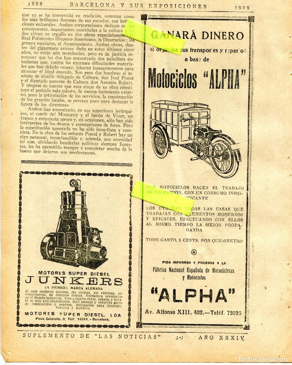 Colecionismo: RECORTE DE PRENSA A&Ntilde;O 1929 EXPOSICION MOTOCICLETAS ALPHA MOTOS MOTOR DIESEL JUNKERS