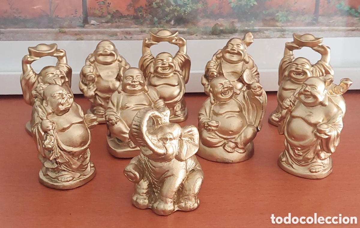 Coleccionismo: Conjunto de 9 budas de la suerte y un elefante