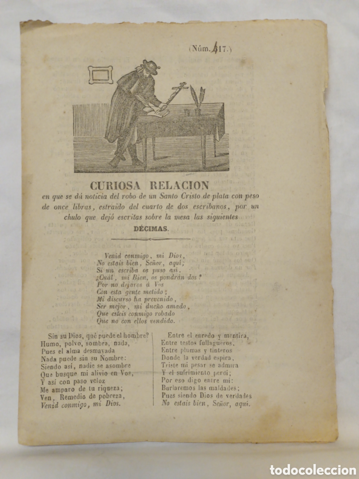 Coleccionismo: PLIEGO DE CORDEL - ROMANCE - CURIOSA RELACI&Oacute;N - ROBO DE UN SANTO CRISTO - MEDIADOS SIGLO XIX -15X22