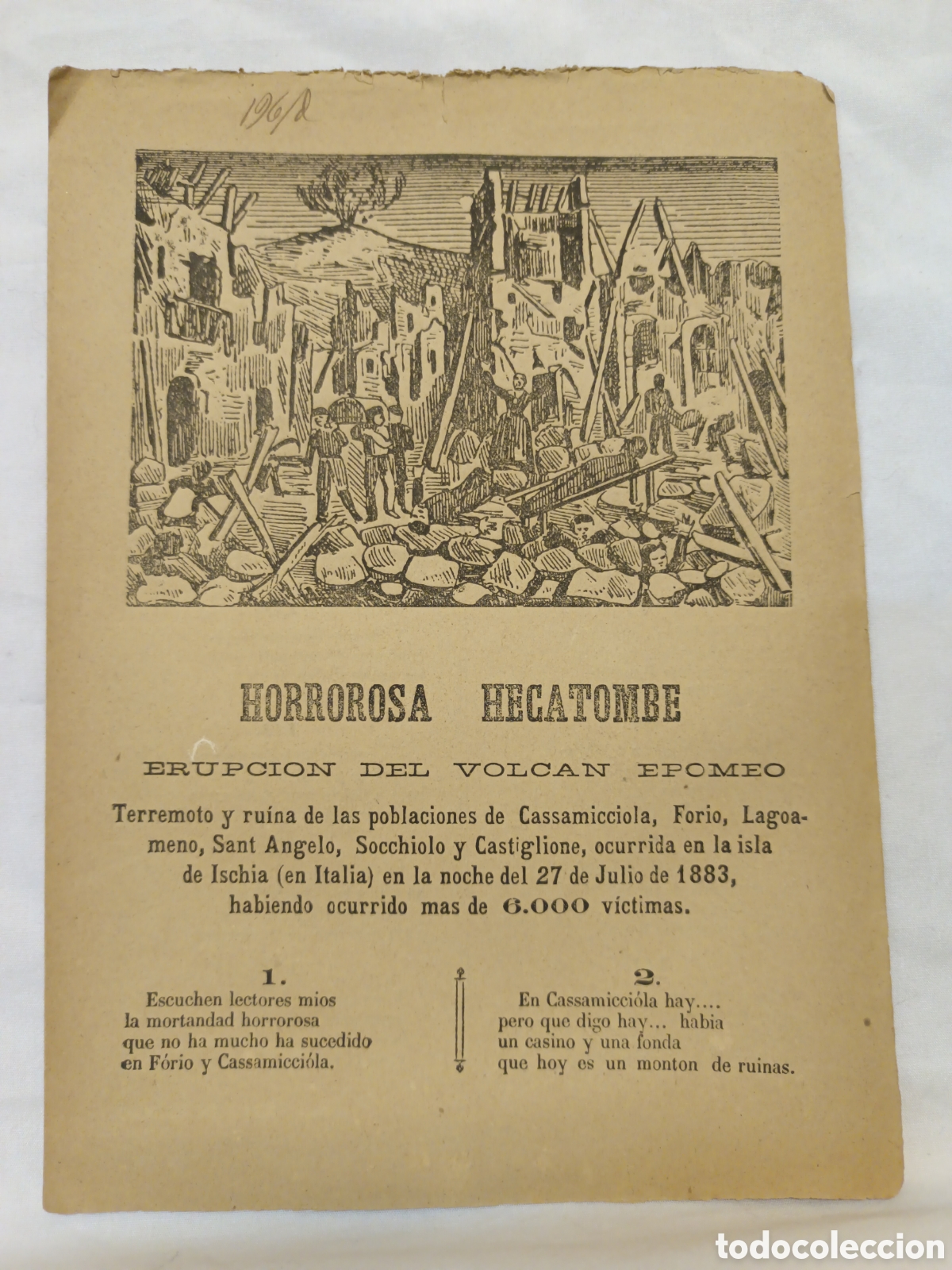 Coleccionismo: PLIEGO DE CORDEL - ROMANCE - HORROROSA HECATOMBE - ERUPCI&Oacute;N DEL VOLC&Aacute;N EPOMEO - A&Ntilde;O 1883 -15 X 22 CM