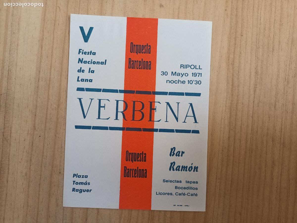 Sammelleidenschaft Papier: V FIESTA NACIONAL DE LA LANA. 1971. RIPOLL. VERBENA. ORQUESTA BARCELONA