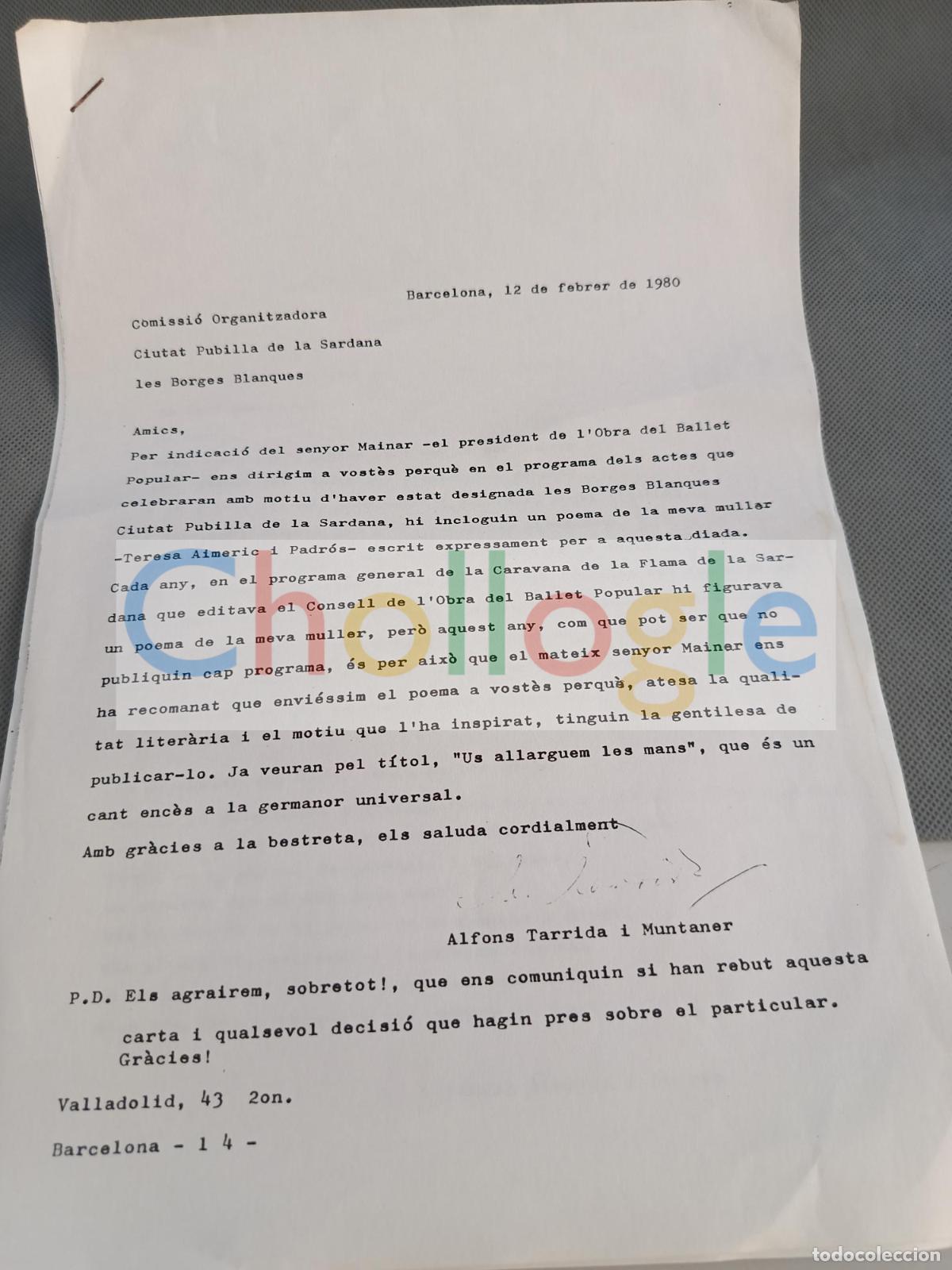 Coleccionismo: Carta Alfons Tarrida i Muntaner Ciutat Pubulla Borges Blanques