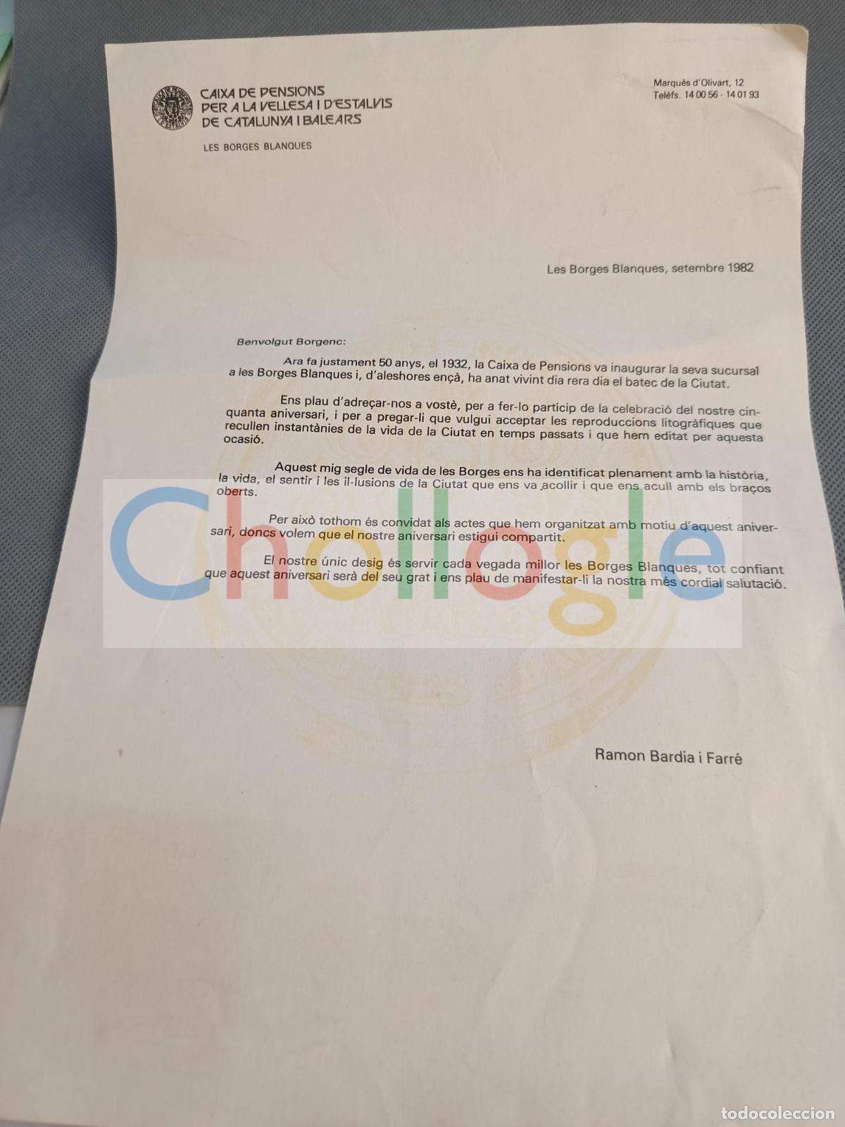 Coleccionismo: Carta Caixa Pensions les Borges Blanques Ramon badia Farre