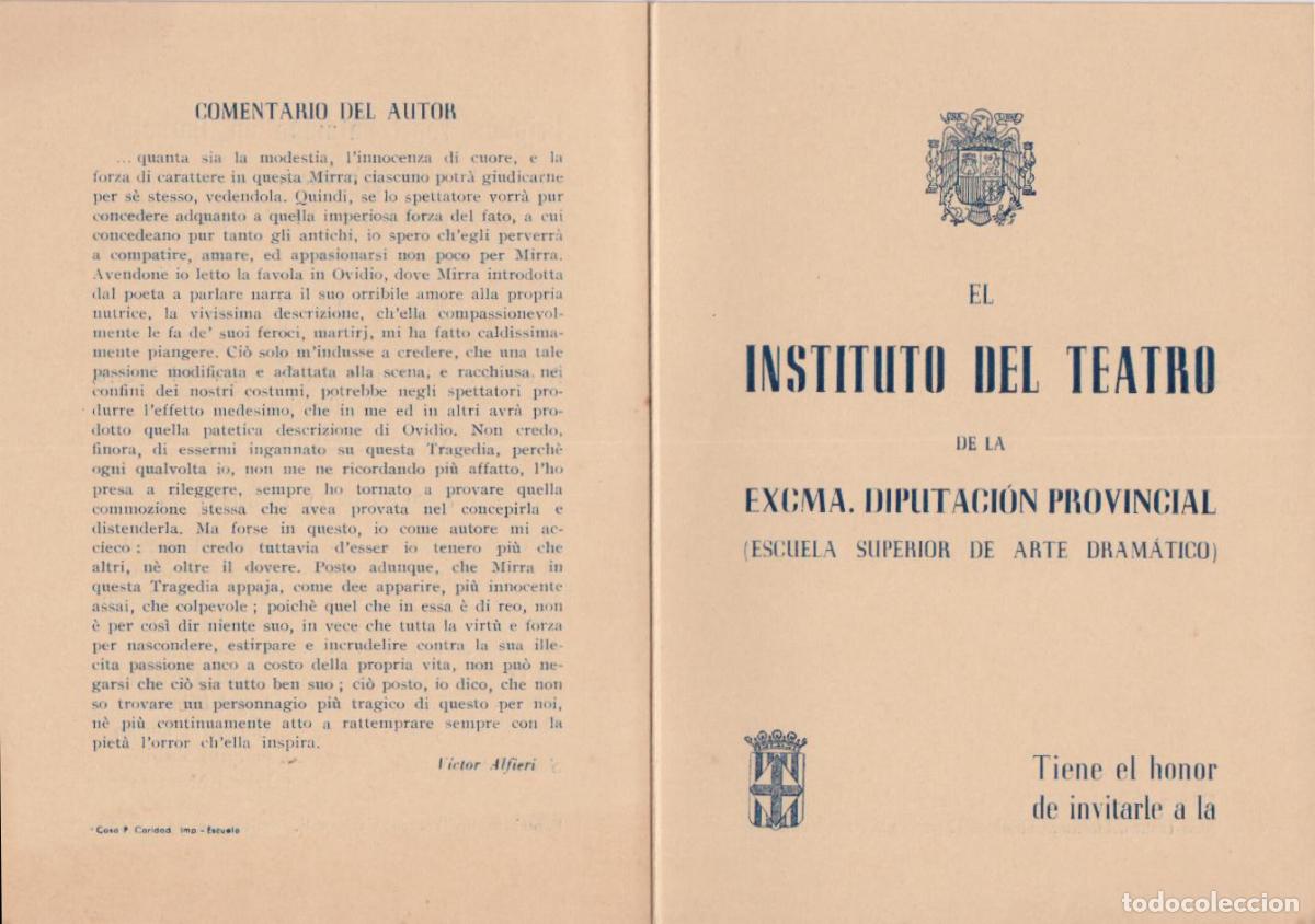 Coleccionismo: INVITACI&Oacute;N DEL INSTITUTO DEL TEATRO PARA LA OBRA DE VICTOR ALFIERI: MIRRA - D&Iacute;PTICO