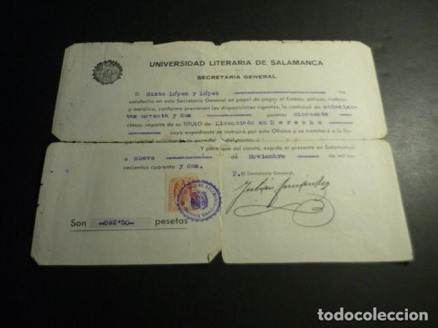 Coleccionismo: RECIBO PAGO TITULO LICENCIADO DERECHO ESTUDIANTE NATURAL DE VALVERDE DEL FRESNO CACERES