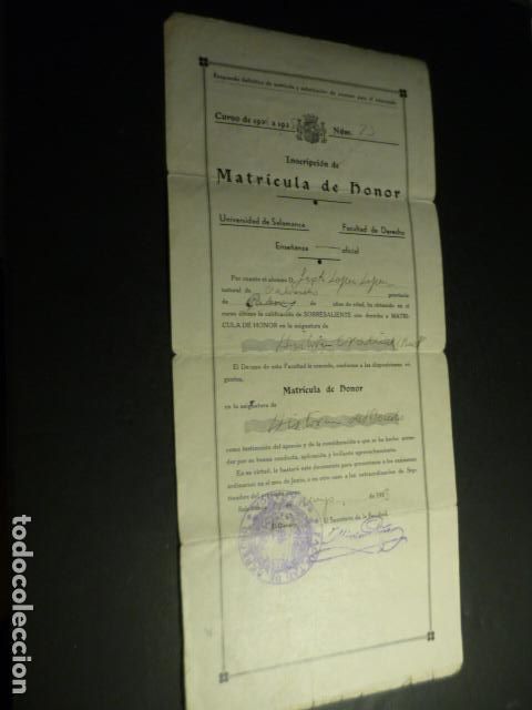 Coleccionismo: SALAMANCA UNIVERSIDAD INSCRIPCION MATRICULA DE HONOR 1935 NATURAL DE VALVERDE DEL FRESNO CACERES